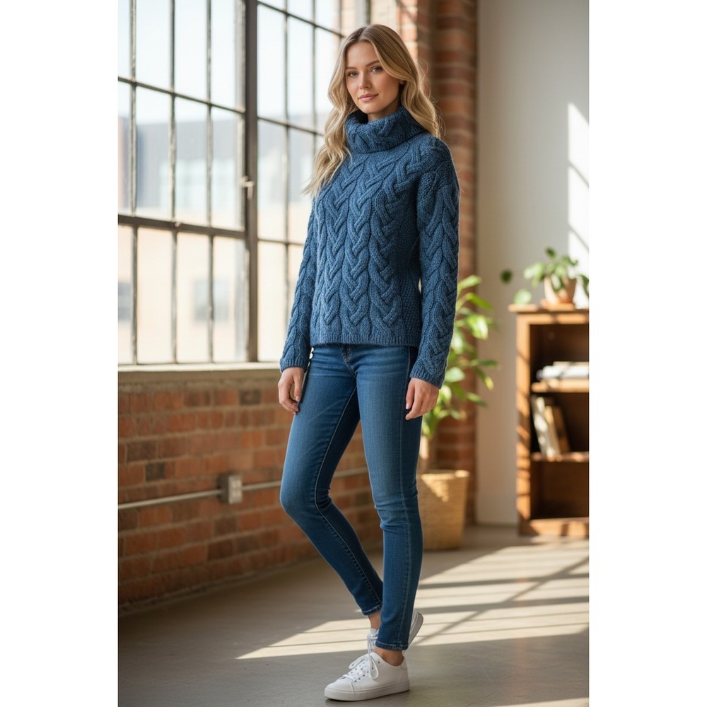 Campbells Beauly Merino Wool Sweater XS Cable Knit Turtleneck Blue